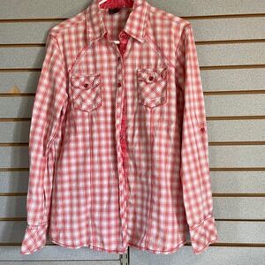 Cowgirl Up Women's Long Sleeve Plaid Button Up Shirt Size‎ L Orange White